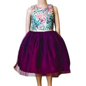 Girl's Purple Embroidered Tulle Dress 5-6 Sleeveless A-Line Floral Metallic